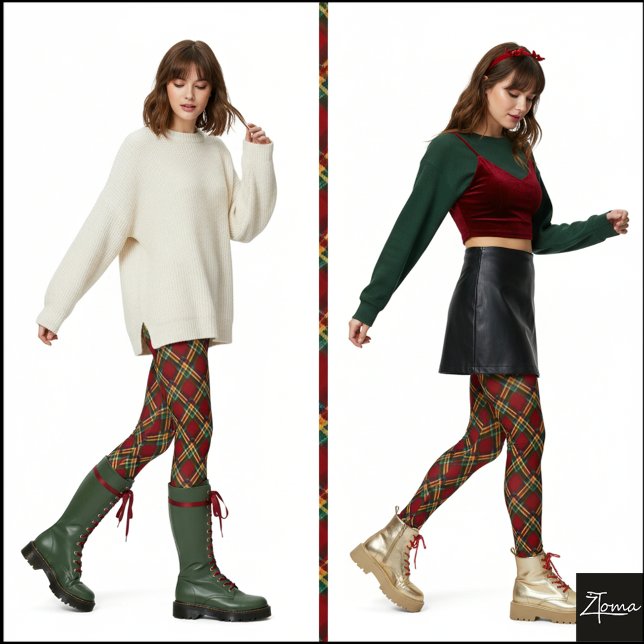 Traditionell Argyle-rutig röd grön tartan Leggings (Skapare uppladdad)