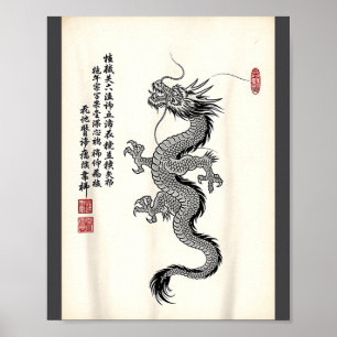 Traditionell asiatisk drakdragning bläck stil kine poster