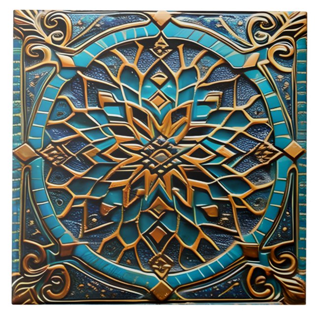 Traditionell Azure- och Orange keramik-konst Kakelplatta (Framsidan)