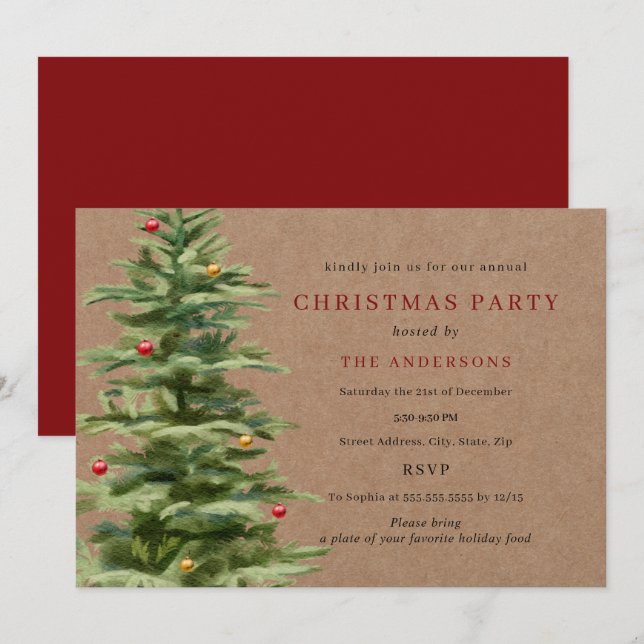 Traditionell Bauble Träd jul Party Inbjudningar (Fram/baksida)