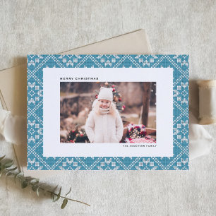 Traditionell blå Fair Isle-stickad julfoto Helgkort