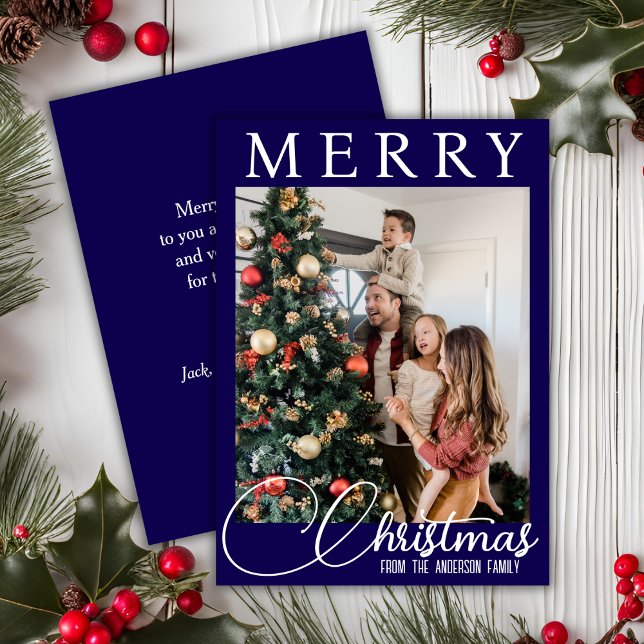 Traditionell blå och vit familjefolljul julkort (Traditional Blue And White Family Photo Christmas Holiday Card)