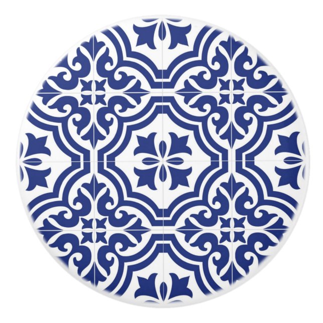 Traditionell blå och vit spansk Azulejo Knopp (Framsidan)