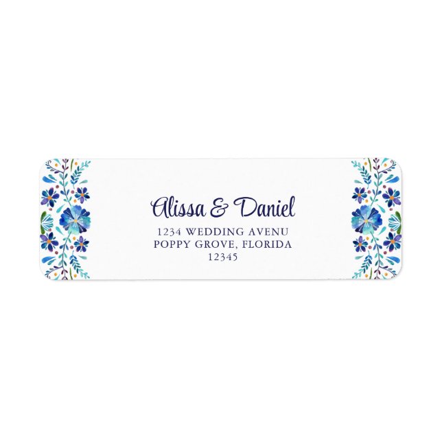 Traditionell Blå Talavera Blommig Bröllop Returadress Etikett (Framsidan)