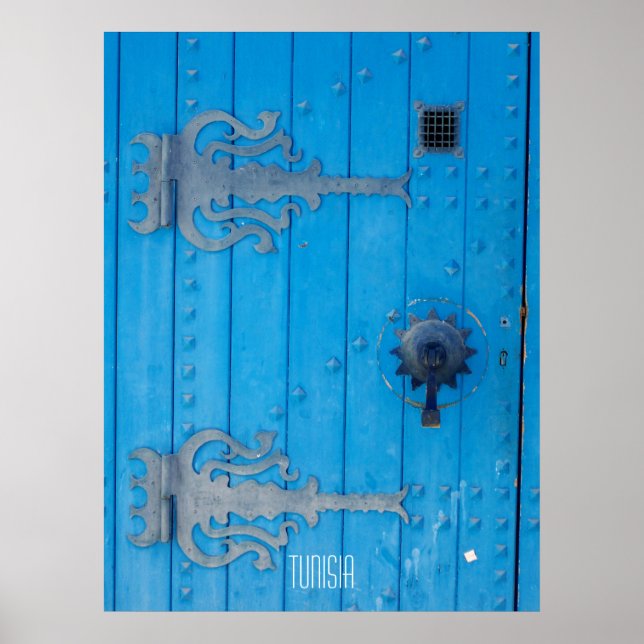 Traditionell blå trädoör i Tunisien Poster (Framsidan)