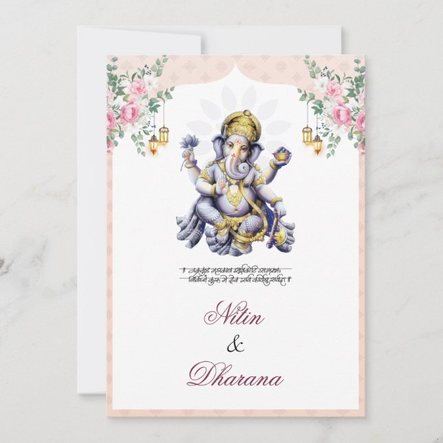 Traditionell Blommig Ganesha Indiskt Bröllopskort Inbjudningar (Framsida)