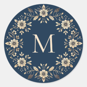 Traditionell Blommigt - marinblått monogram Runt Klistermärke