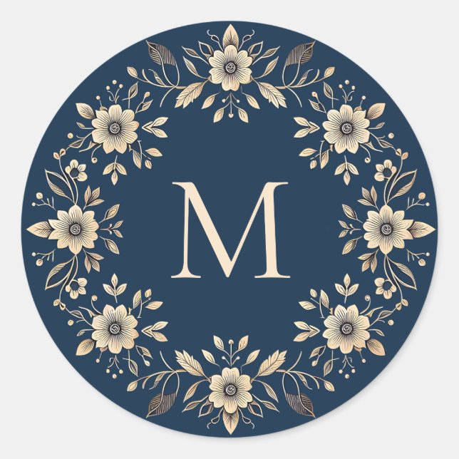 Traditionell Blommigt - marinblått monogram Runt Klistermärke (Framsida)