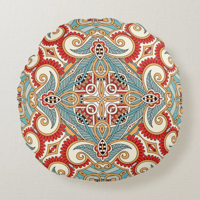 Traditionell blommigt paisley bandanna. Unga Rund Kudde (Framsidan)