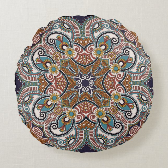 Traditionell blommigt paisley bandanna. Unga Rund Kudde (Framsidan)