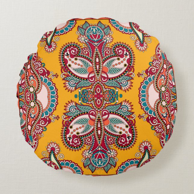 Traditionell blommigt paisley bandanna. Unga Rund Kudde (Framsidan)
