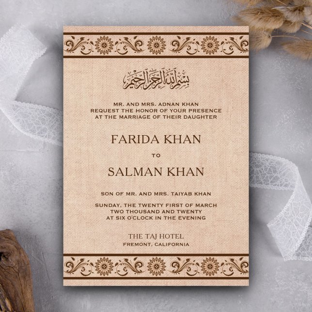 Traditionell blomsterkant burlap muslimsk bröllop inbjudningar (Skapare uppladdad)