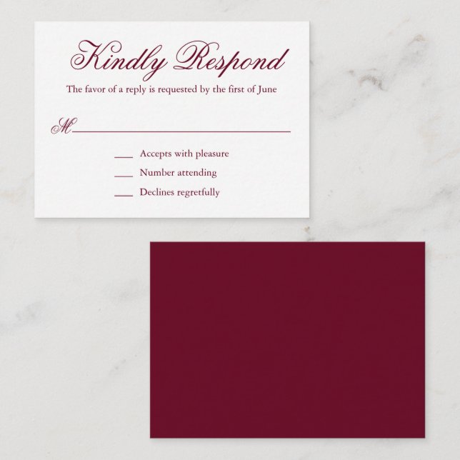 Traditionell burgundisk formell Mini-Bröllop OSA Anteckningskort (Fram/baksida)