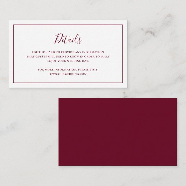 Traditionell Burgundy Elegant bröllop Tilläggskort (Fram/baksida)