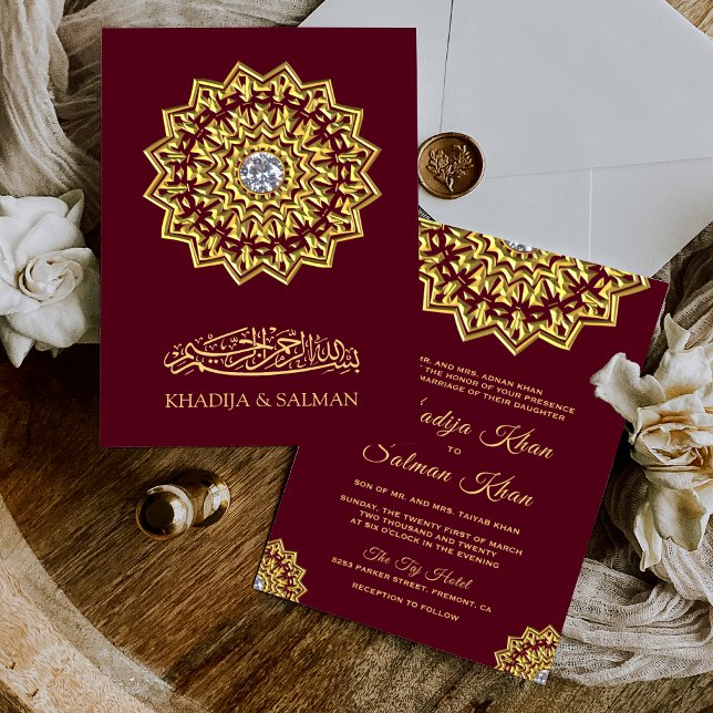 Traditionell burgundy Guld Motif Islamic Bröllop Inbjudningar (Skapare uppladdad)