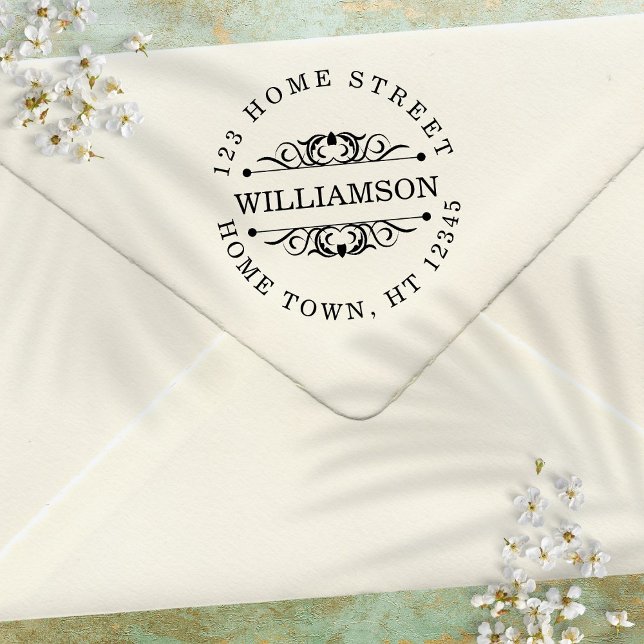 Traditionell cirkulär, färglös Returadress Självfärgande Stämpel (Traditional Circular Flourish Return Address Self-inking Stamp)