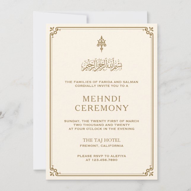 Traditionell Cream Guld Gräns Islamic Mehndi Inbjudningar (Framsida)