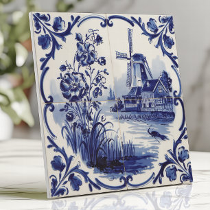 Traditionell Delftvaru-vindkraftverk och blomster Kakelplatta