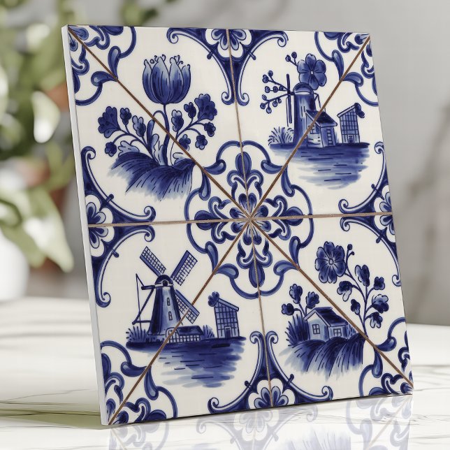 Traditionell Delftware Blå Blommig och Väderkvarn Kakelplatta (Skapare uppladdad)