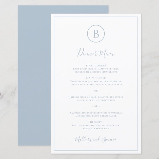 Traditionell Dusty Blue Elegant bröllop Menu (Fram/baksida)