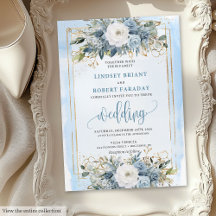Traditionell Dusty Blue White Guld Flowers Inbjuda