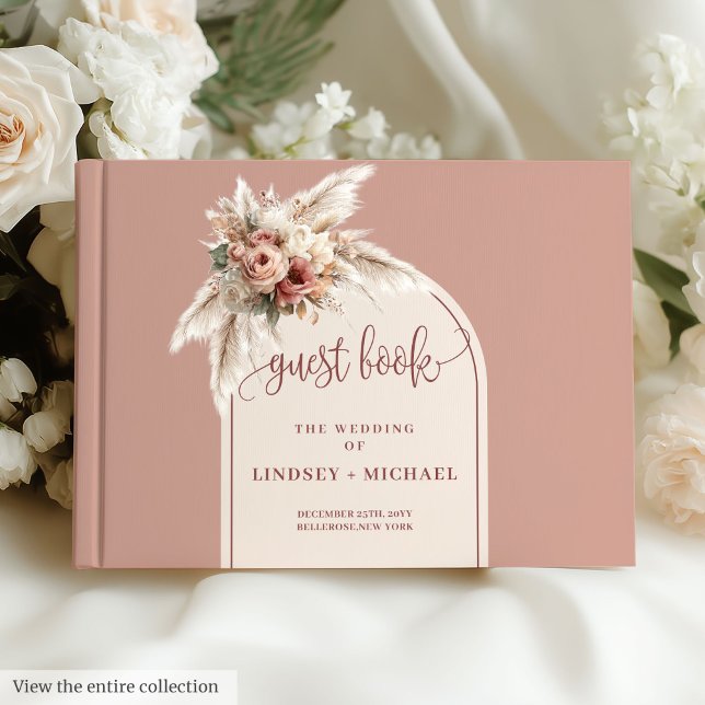 Traditionell Dusty Rosa Pampas Ro Arch Bröllop Gästböcker (Traditional Dusty Pink Pampas Roses Arch Wedding Guest Book )