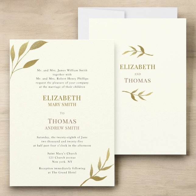 Traditionell elegant elfenben och guld bröllop inbjudningar (traditional text modern minimal gold and ivory wedding invitation 
)