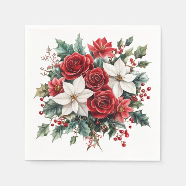 Traditionell Elegant jul Poinsettia Cocktail Pappersservett (Framsidan)