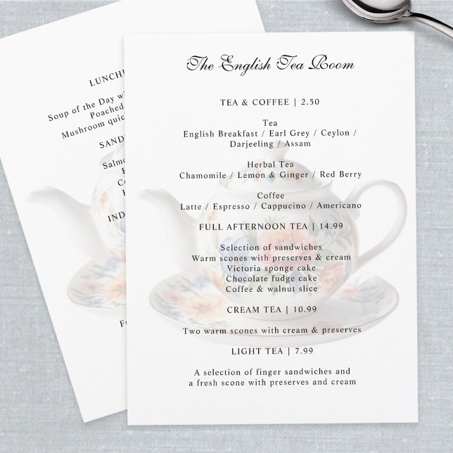 Traditionell engelsk tehusbutik Klassisk tekanna Meny (A customizable menu for a tea room or coffee shop, with floral teapot design)
