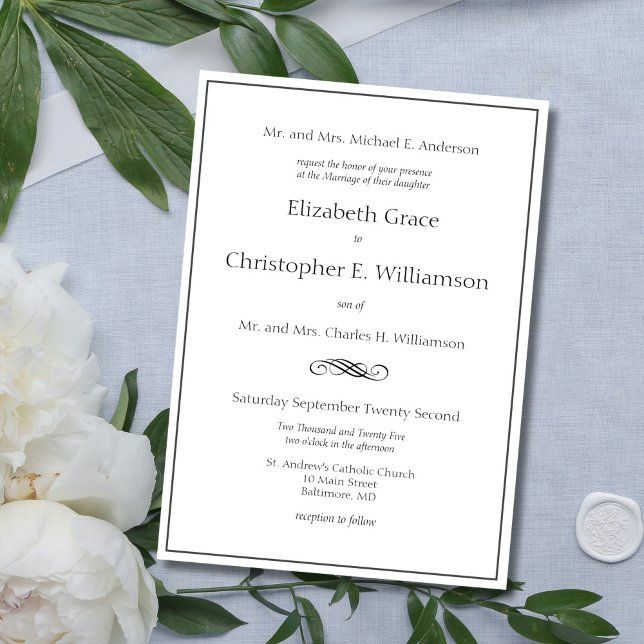 Traditionell Formell Klassisk Bröllop med Båda För Inbjudningar (Traditional Classic Black White Formal wedding invitation. Both parents names)