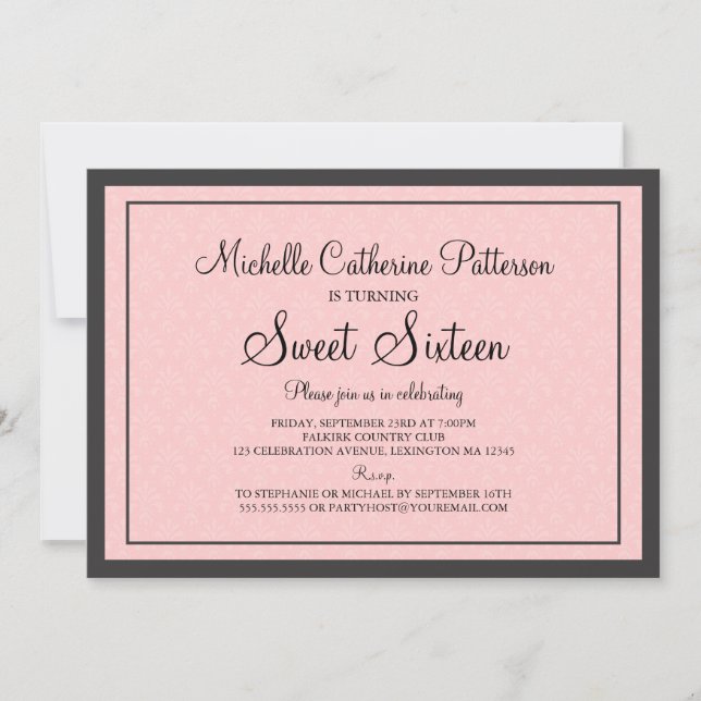 Traditionell formell Rosa och svart Sweet sixteen Inbjudningar (Framsida)