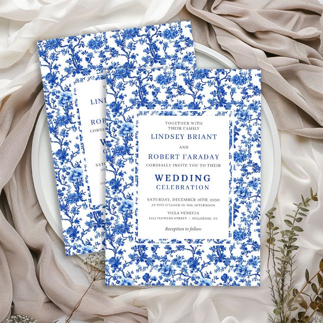 Traditionell fransk Toile blå blomsterbröllop  Inbjudningar (Traditional French Toile Blue Floral Wedding Invitation)
