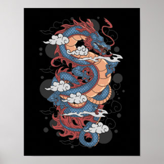 Traditionell gammal japansk draken TattoArt Pos Poster