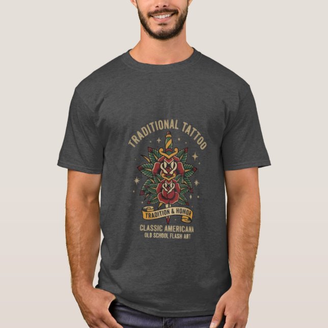 Traditionell gammaldags tatuering Rosdolk T Shirt (Framsida)