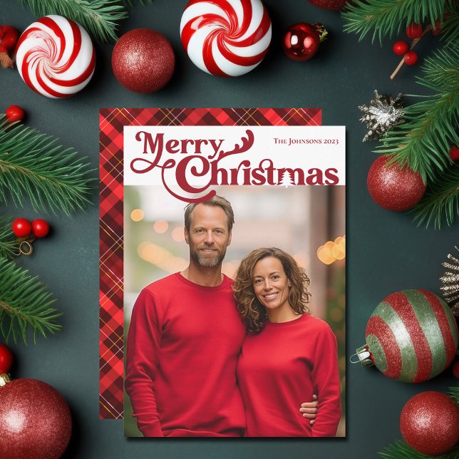 Traditionell God jul Photo Red Play Tartan Julkort (Skapare uppladdad)