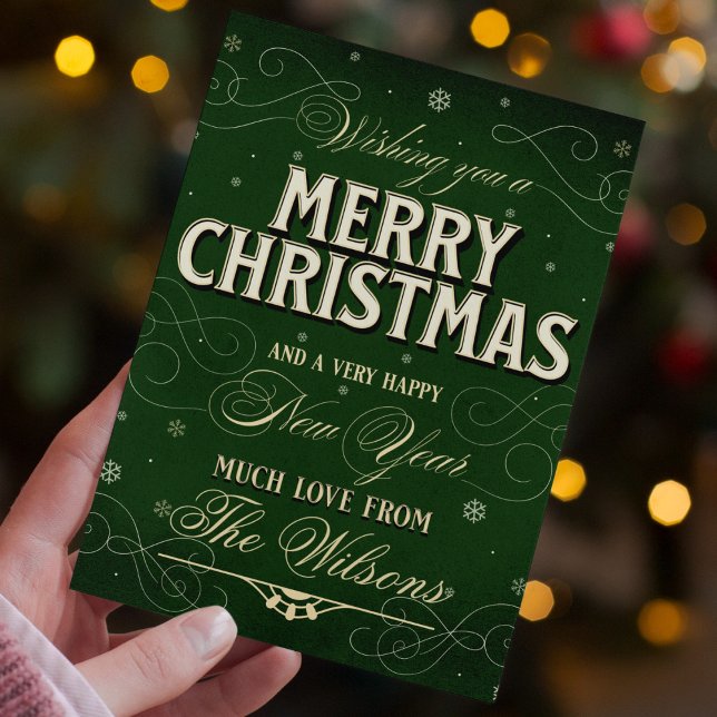 Traditionell Grönt för specialanpassad Elegant - f Julkort (Merry christmas and happy new year photo christmas card elegant ornate maximalist green script )