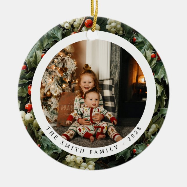 Traditionell Grönt Holly Helgdag Photo Julgransprydnad Keramik (Framsidan)
