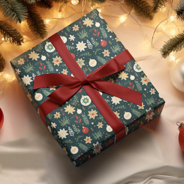 Traditionell Grönt Jul Ornament Mönster Presentpapper (Skapare uppladdad)