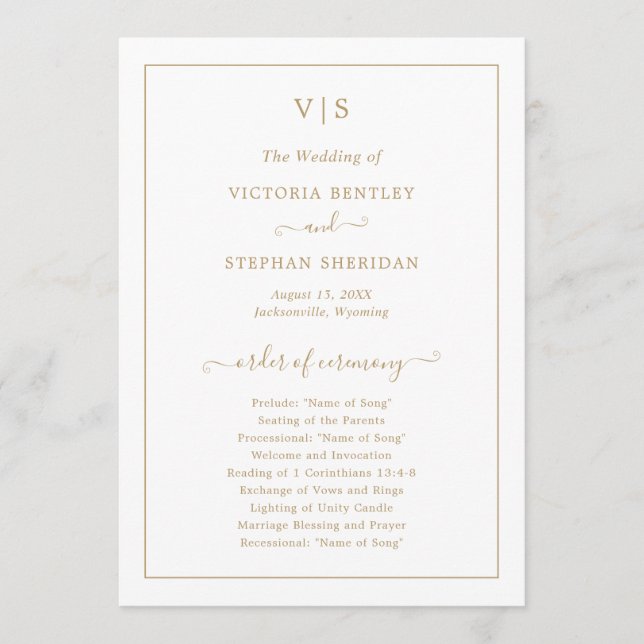 Traditionell gul monogram elegant bröllop program (Framsida)