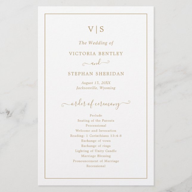 Traditionell gul monogram elegant bröllopsprogram (Framsida)