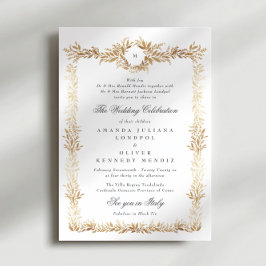 traditionell guld botaniska ram monogram bröllop inbjudningar