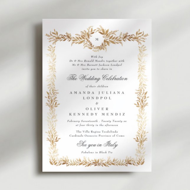 traditionell guld botaniska ram monogram bröllop inbjudningar (Skapare uppladdad)