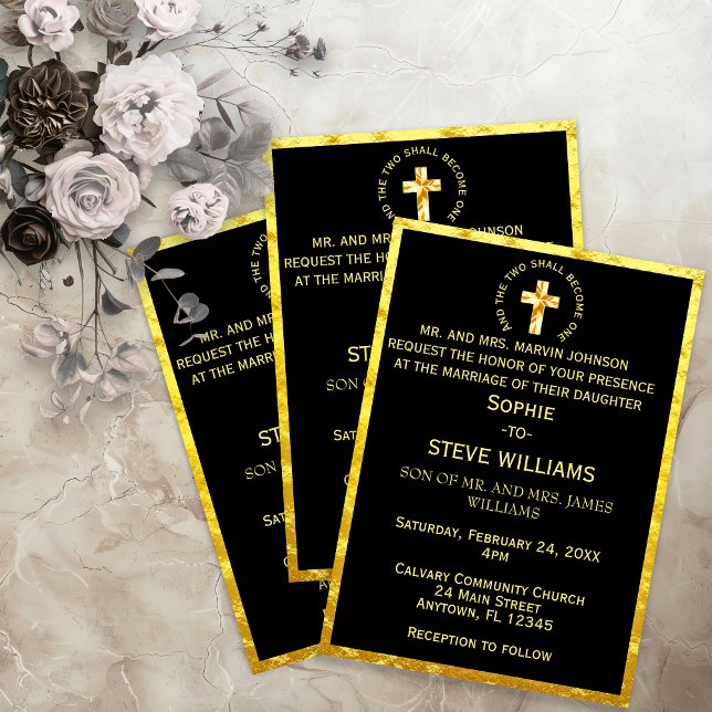 Traditionell Guld Christian Kor Black Bröllop Inbjudningar (Traditional Gold Christian Cross Black Wedding Invitation)
