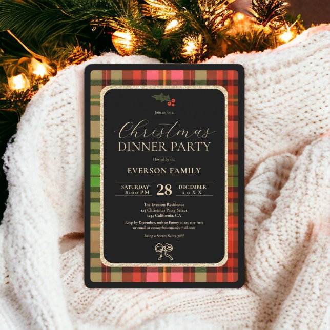 Traditionell guld-julafton Party Inbjudningar (Traditional gold Festive Plaid Christmas Party Invitation)