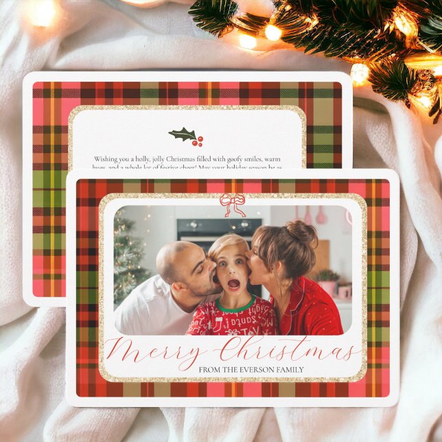 Traditionell Guld Red Pput Photo God jul Julkort (Traditional Gold Red Plaid Photo Merry Christmas Holiday Card)