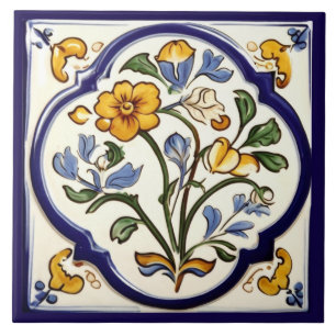 Traditionell Gult Blå Blommigt, blomma Kakelplatta