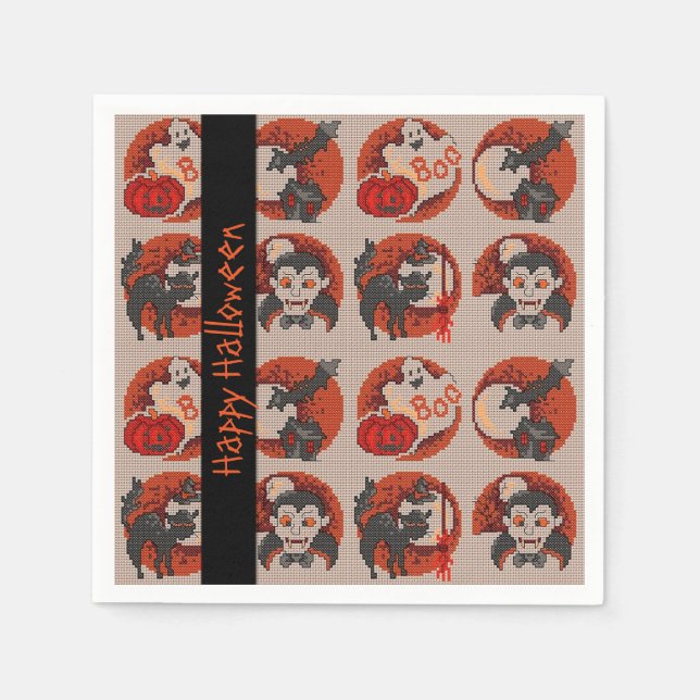 Traditionell Halloween Faux Kor-Stitch Napkins Pappersservett (Framsidan)