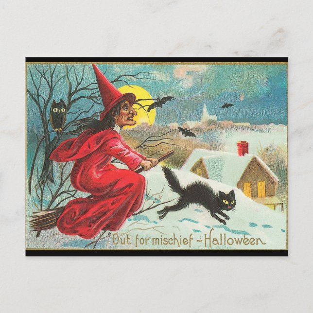 traditionell Halloween Witch, Flygande, Black Katt Vykort (Framsida)
