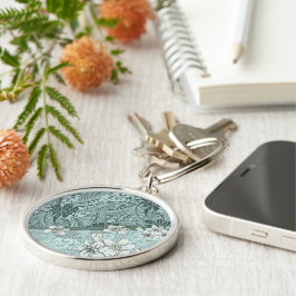 Traditionell Hawaii Seafoam Tapa och Plumeria Rund Silverfärgad Nyckelring