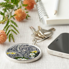 Traditionell hawaiisk tapa och Plumeria Rund Silverfärgad Nyckelring